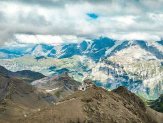 The Schilthorn and Piz Gloria in summer, photographed from a bird's-eye view