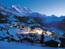 The village of Wengen at night in winter