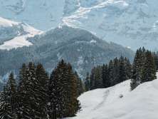Vue d'en haut, on aperçoit le paysage enneigé qui borde la ligne BLM entre Grütschalp et Mürren. La ligne ferroviaire traverse des pentes blanches, longeant ici et là des chalets isolés et des sapins, avec une vue imprenable sur les montagnes environnantes.