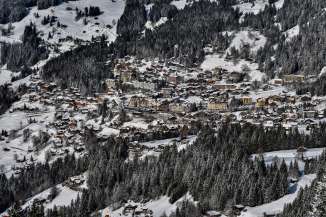 Aerial view of the village of Wengen in winter