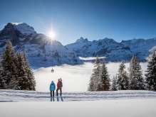 Winter hike on snow-covered trails around Grindelwald. Hikers enjoy the sunny day and the breathtaking view of the Eiger.