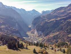 View of the village of Wengen and the Lauterbrunnen Valley in summer.
